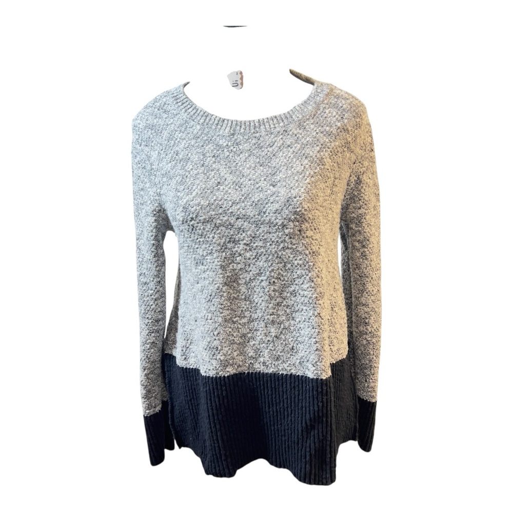 L.L. Bean Signature Sweater Small Slate Gray Color Block Cotton Linen Pullover